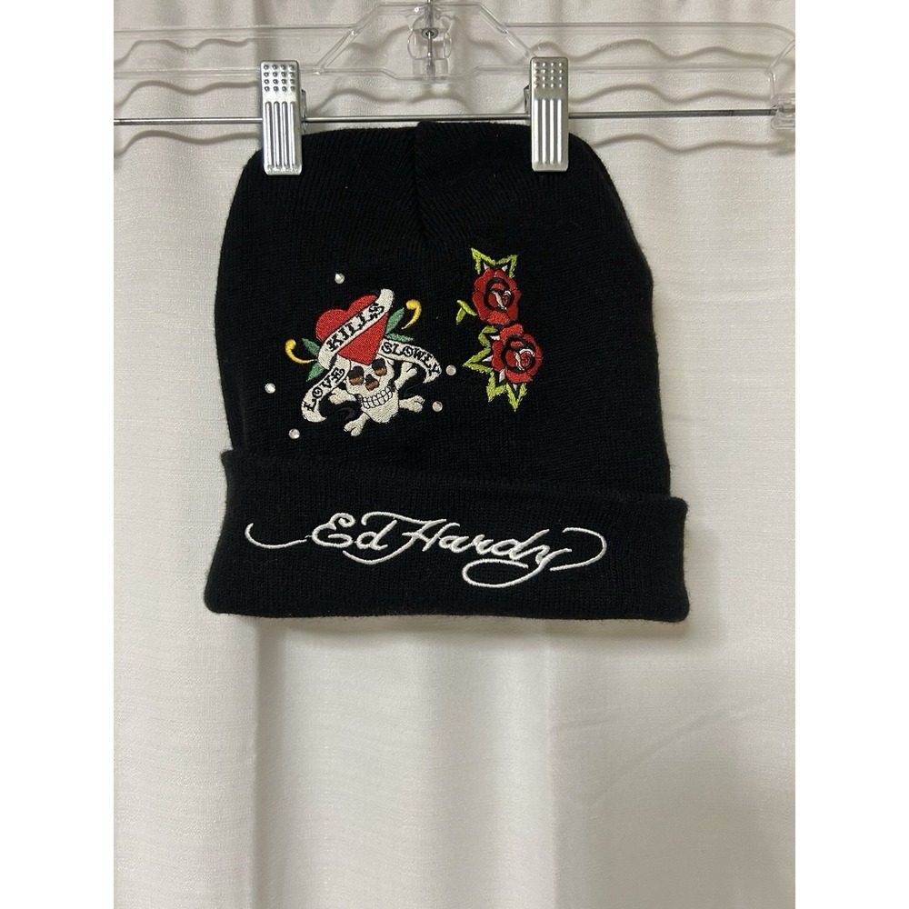 ED HARDY Skull Roses Black Logo Beanie Hat ONE SIZE